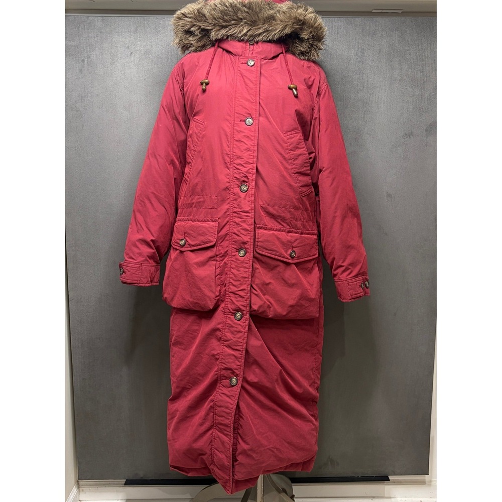 Vtg 90s Lands' End Goose Down Parka Womens M Red Full Length Fur Hood Long Coat